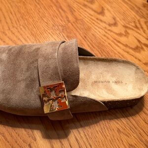 Tory Burch Brown Suede Mules with Gold Emblem